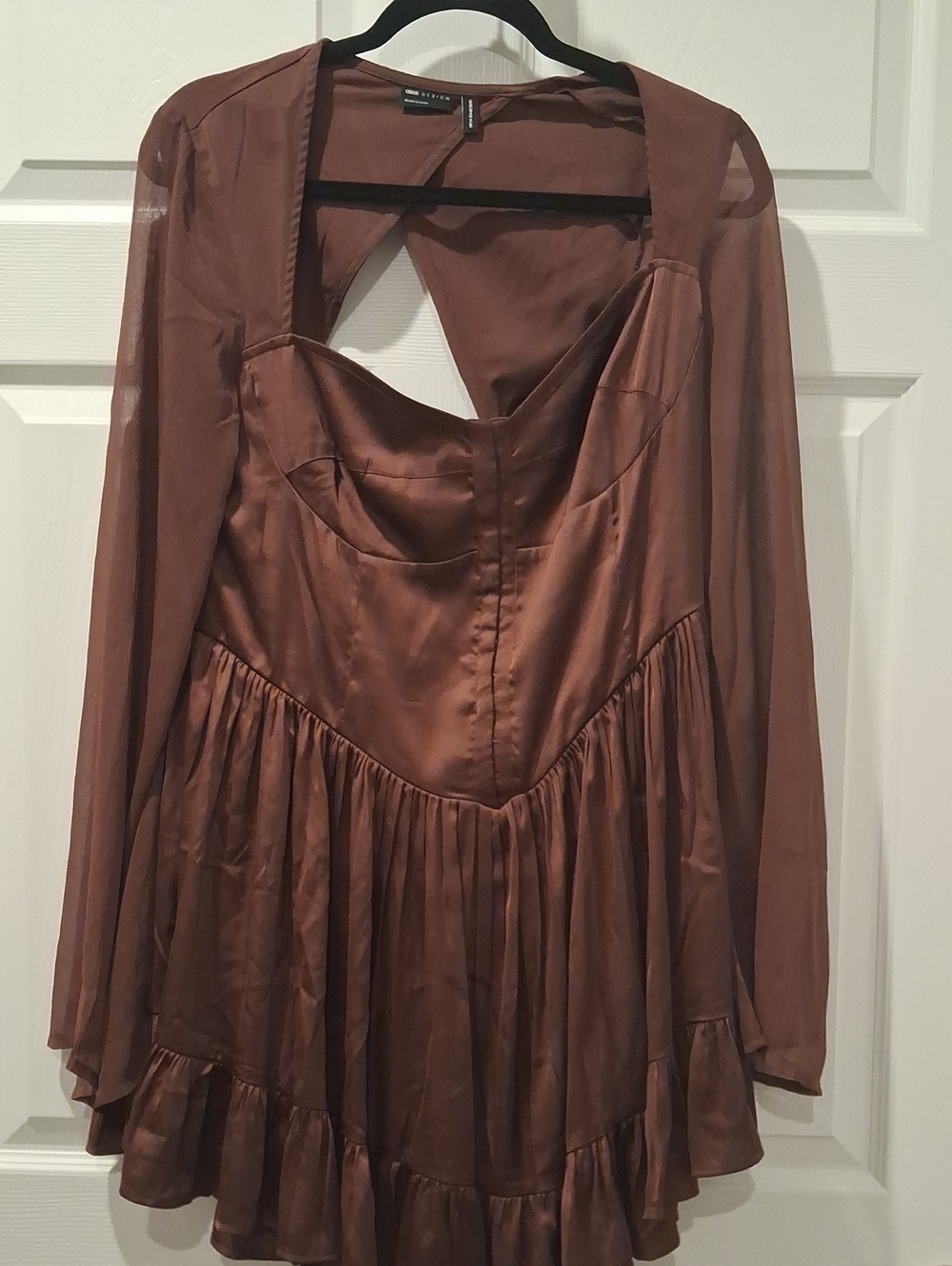 ASOS Brown Satin Long-Sleeve Mini Dress with Sheer Sleeves